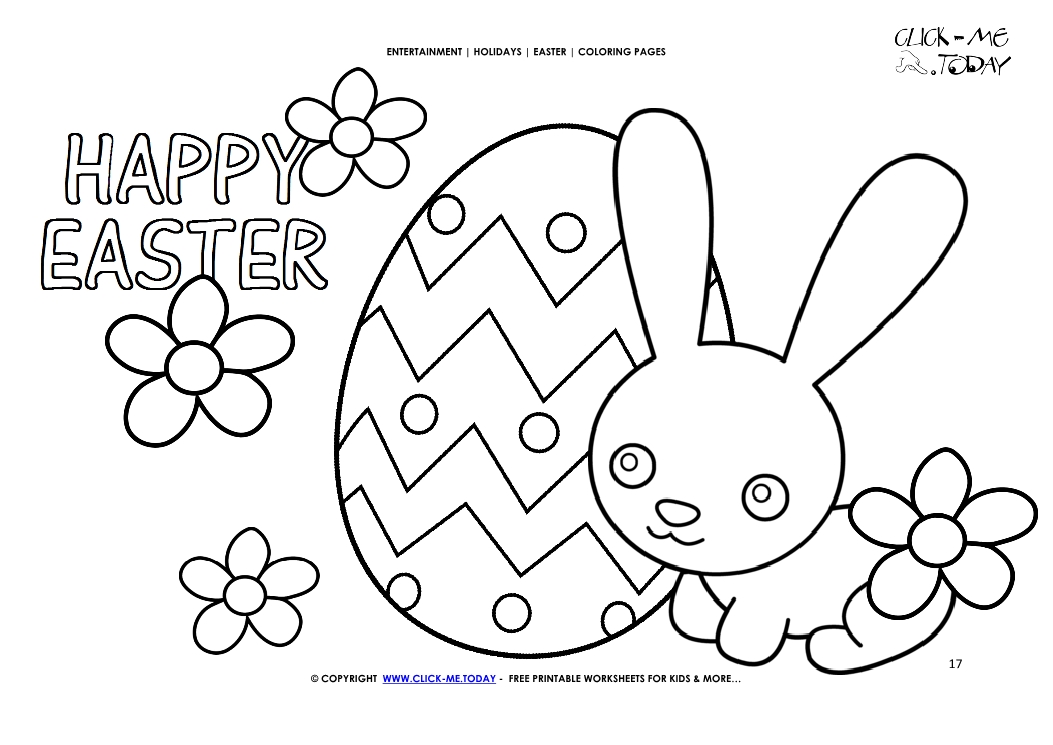 Easter Coloring Page: 17 Happy Easter cute bunny detailed egg & flowers